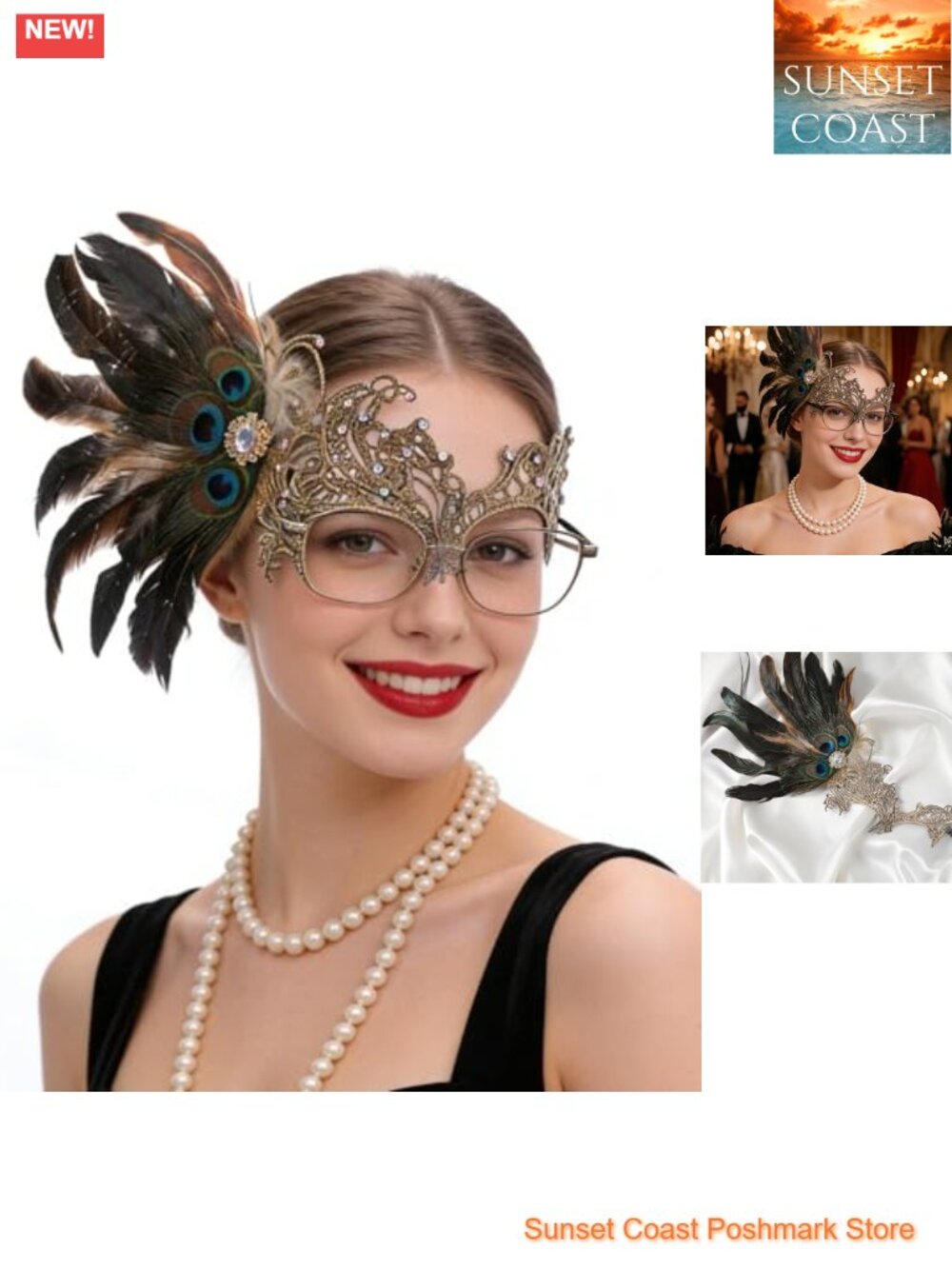 Feather Masquerade Mask for Glasses Wearers Peacock Eyemask Handmade Lace